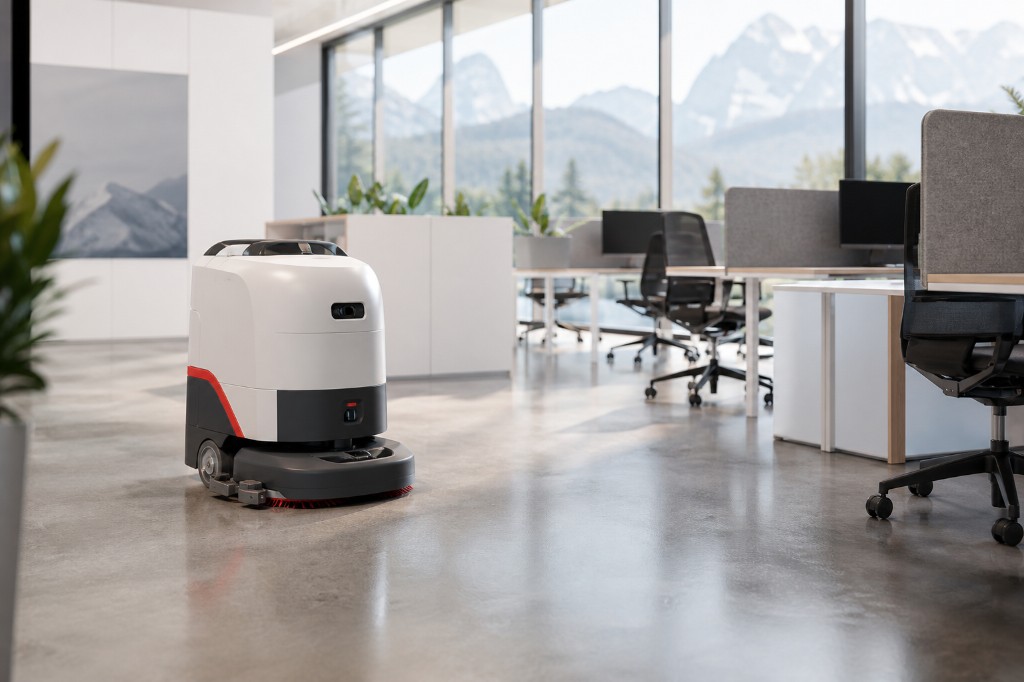 Robot de nettoyage autonome dans un open space en Suisse